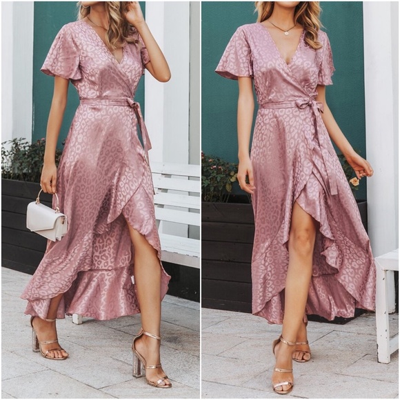 Leopard print Satin Ruffle Wrap Butterfly Sleeve Maxi Dress - Picture 3 of 3